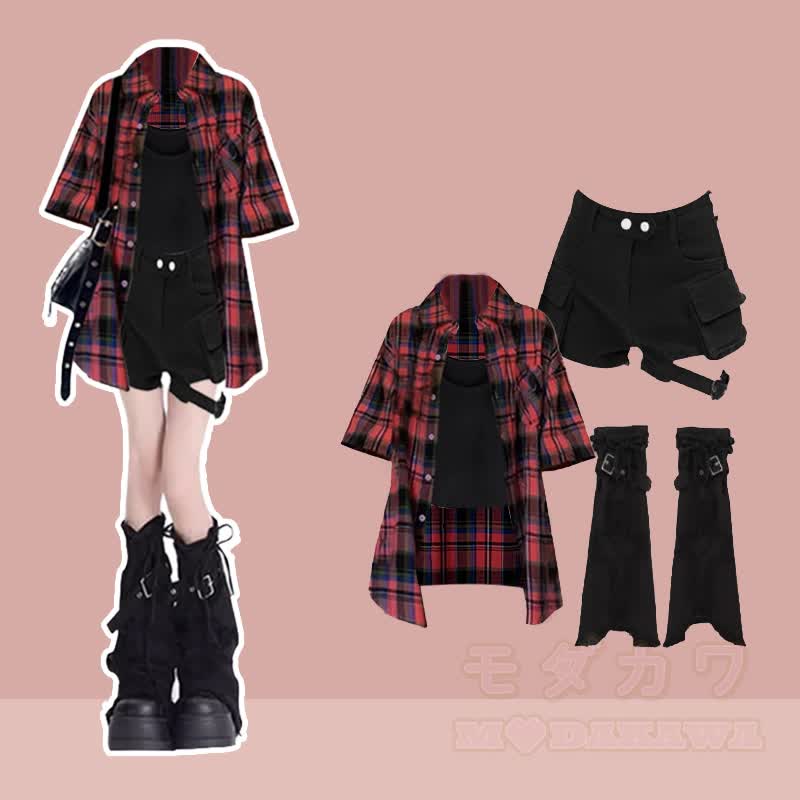 Kariertes Hemd, schwarzes Tanktop, Jeansshorts, Stulpen, passendes Outfit - Vierteiliges Set A - XL - image 1