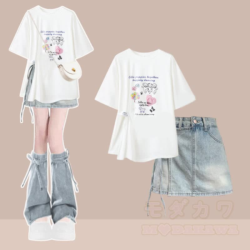 Unregelmäßiges T-Shirt, Jeansshorts, passendes Outfit - Zweiteiliges Set B - XL - image 2