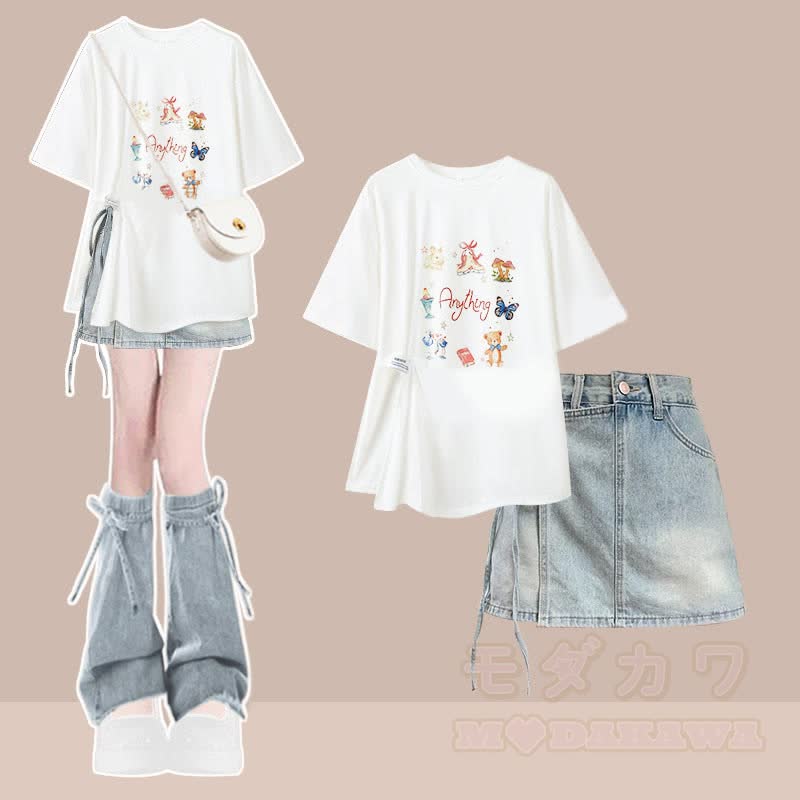 Unregelmäßiges T-Shirt, Jeansshorts, passendes Outfit - Zweiteiliges Set A - XL - image 1