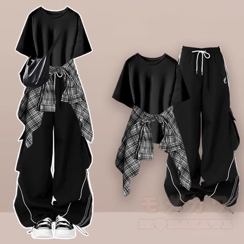 T-Shirt mit Buchstabenaufdruck, kariertes Hemd, weite Hose, passendes Outfit - Dreiteiliges Set D - XL - image 4