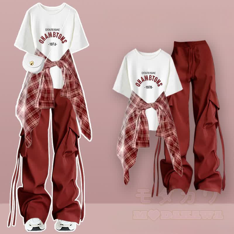 T-Shirt mit Buchstabenaufdruck, kariertes Hemd, weite Hose, passendes Outfit - Dreiteiliges Set B - XL - image 2