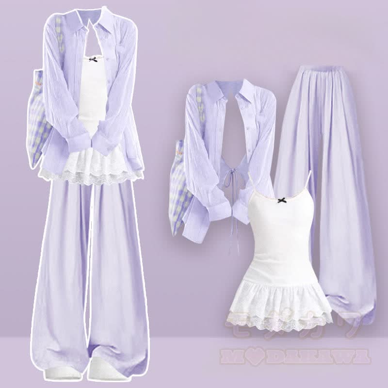 Spitzentop, Schnürhemd, Freizeithose, passendes Outfit - Dreiteiliges Set - XL - image 1