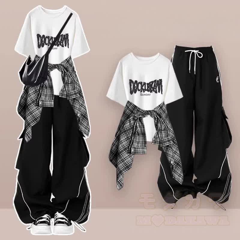 T-Shirt mit Buchstabenaufdruck, kariertes Hemd, weite Hose, passendes Outfit - Dreiteiliges Set C - XL - image 3