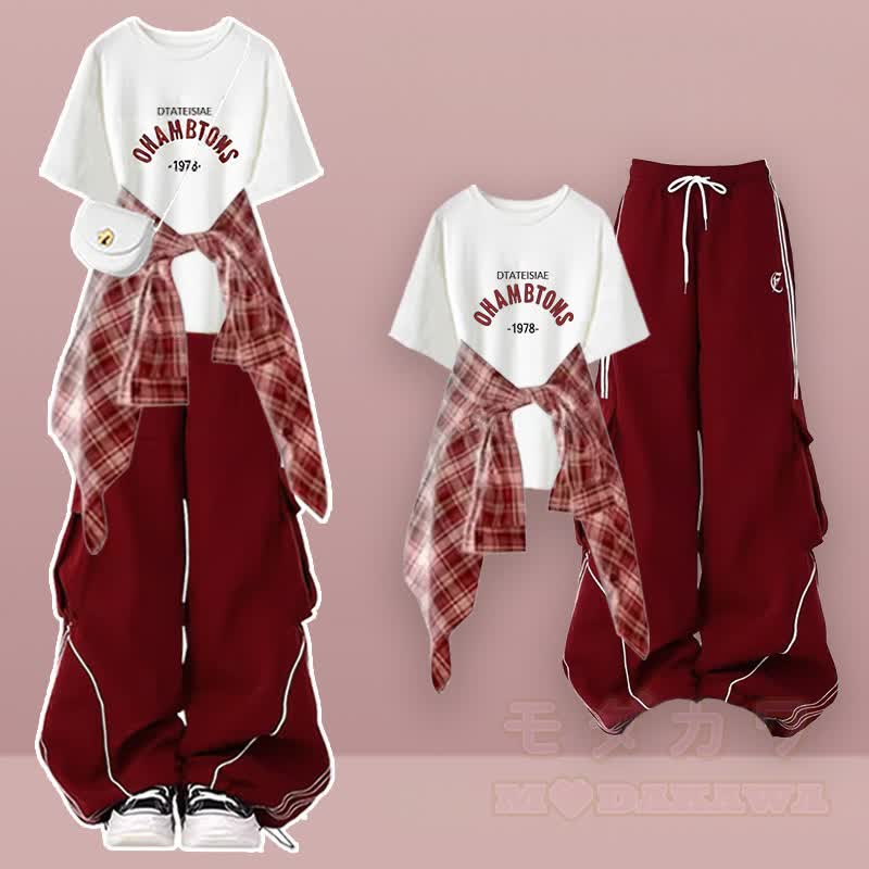 T-Shirt mit Buchstabenaufdruck, kariertes Hemd, weite Hose, passendes Outfit - Dreiteiliges Set A - XL - image 1