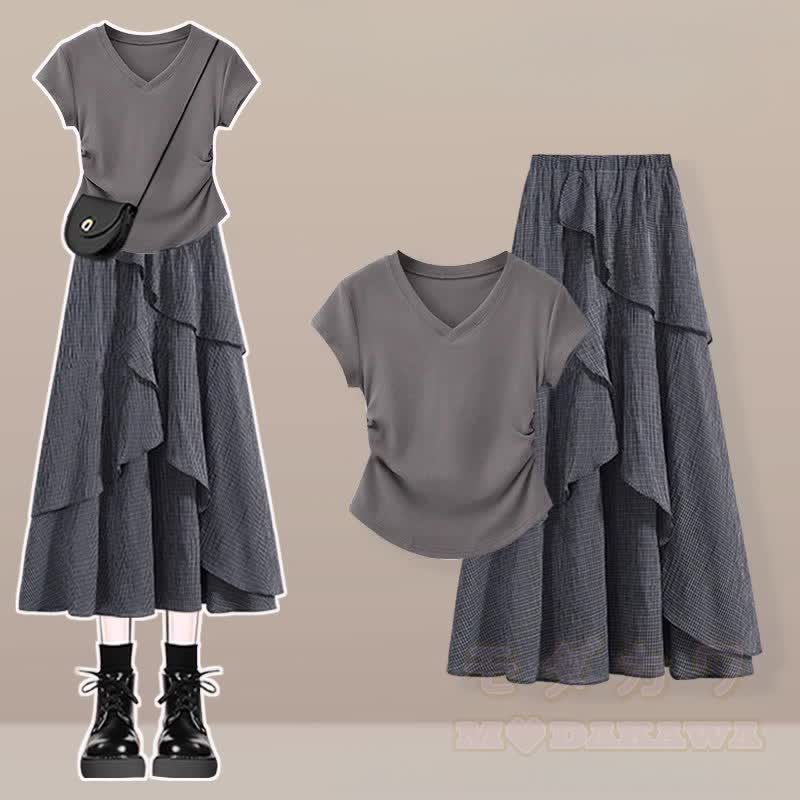 Unregelmäßiges T-Shirt, karierter Rock, passendes Outfit - Zweiteiliges Set C - 3XL - image 3