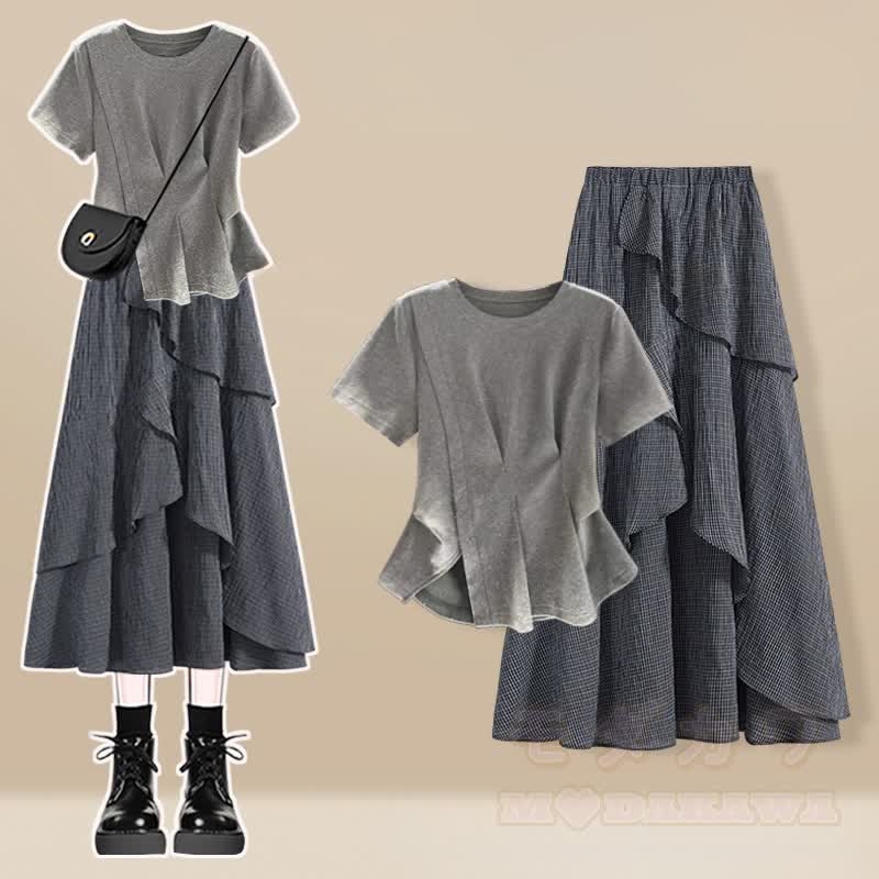 Unregelmäßiges T-Shirt, karierter Rock, passendes Outfit - Zweiteiliges Set B - 3XL - image 2