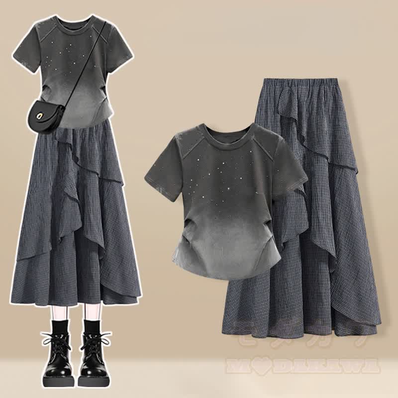 Unregelmäßiges T-Shirt, karierter Rock, passendes Outfit - Zweiteiliges Set A - 3XL - image 1