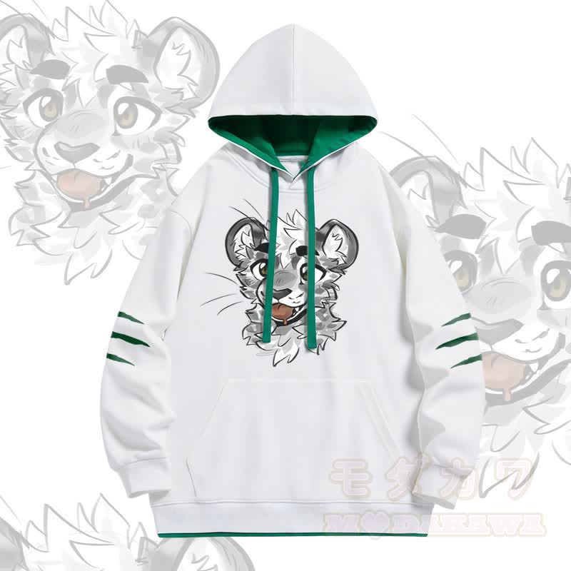 MODAKAWA X atka Frecher Tigergesicht-Grafik-Pullover-Hoodie mit Oversized-Kontrastfutter - Weiß - 4XL - image 2