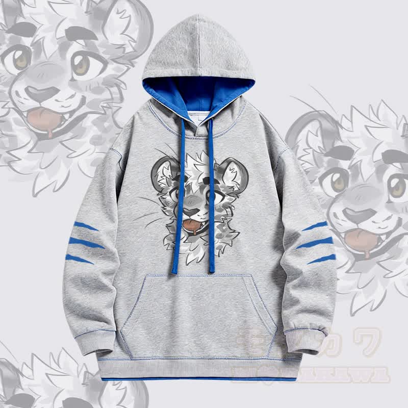 MODAKAWA X atka Frecher Tigergesicht-Grafik-Pullover-Hoodie mit Oversized-Kontrastfutter - Grau - 4XL - image 1