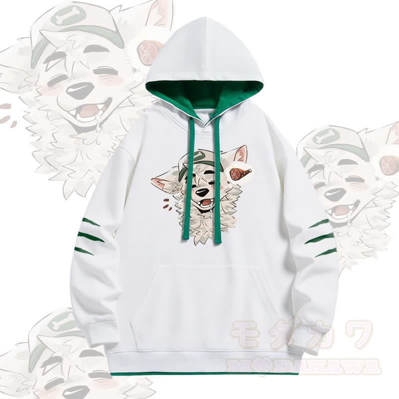 MODAKAWA X atka Fox Wants Meat Grafik Oversized Pullover Hoodie mit Kontrastfutter - Weiß - 4XL - image 2
