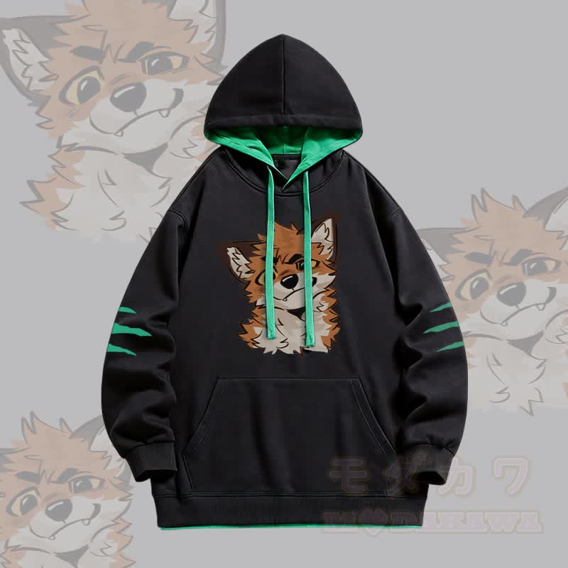 MODAKAWA X atka Lustiger Fuchs-Print Oversized Pullover Hoodie mit Kontrastfutter - Schwarz - 4XL - image 1
