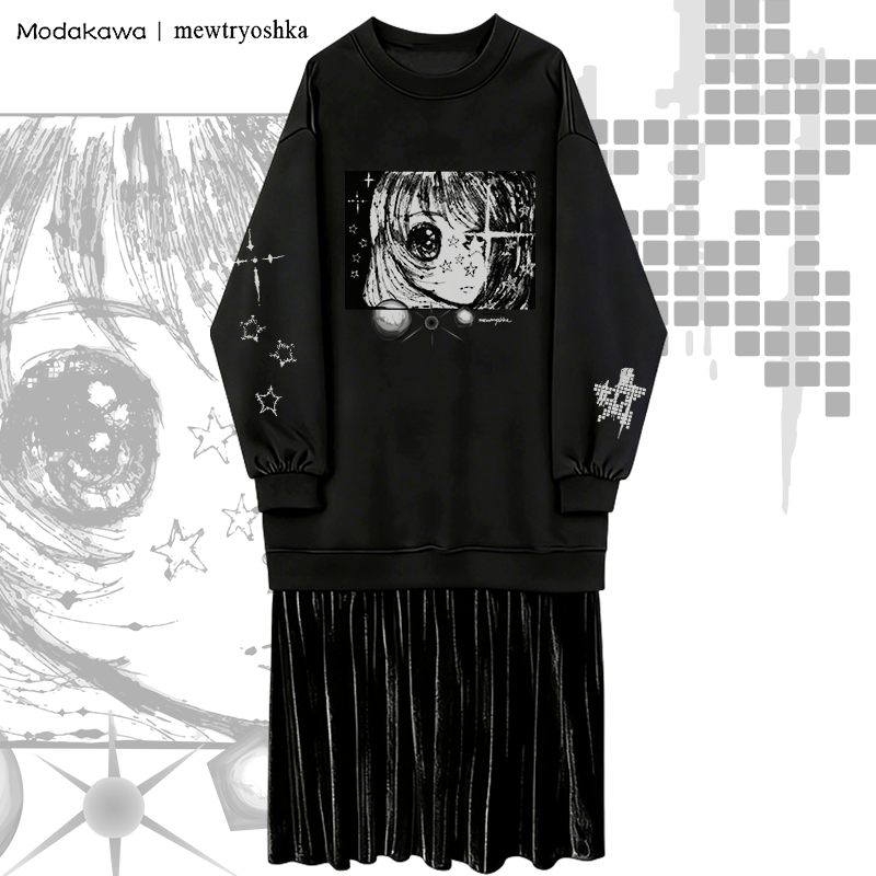 MODAKAWA X mewtryoshka Sternenaugen-Mädchen Grafik Fleecegefüttertes Sweatshirtkleid - Black - 2XL - image 1
