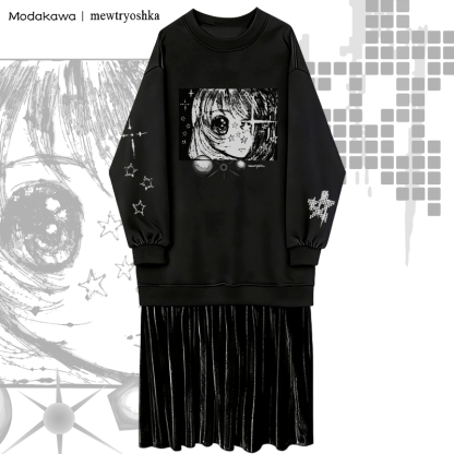MODAKAWA X mewtryoshka Sternenaugen-Mädchen Grafik Fleecegefüttertes Sweatshirtkleid - Black - 2XL - image 1