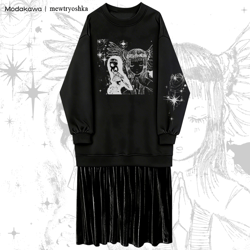 MODAKAWA X mewtryoshka Betender Engel Mädchen Grafik Fleecegefüttertes Sweatshirtkleid - Black - 2XL - image 1