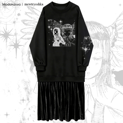 MODAKAWA X mewtryoshka Betender Engel Mädchen Grafik Fleecegefüttertes Sweatshirtkleid - Black - 2XL - image 1