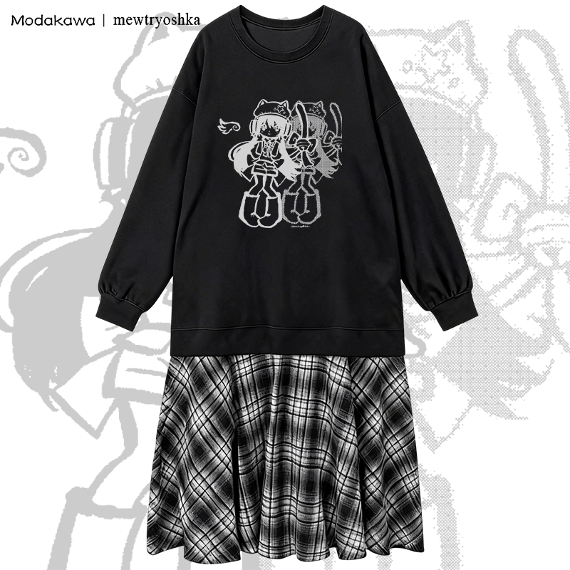 MODAKAWA X mewtryoshka Shadow Wing Girl Graphic Plaid Sweatshirtkleid - Black - 2XL - image 1