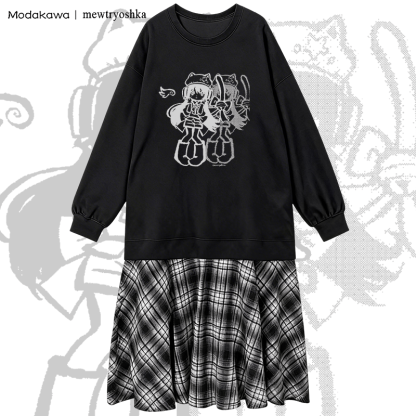MODAKAWA X mewtryoshka Shadow Wing Girl Graphic Plaid Sweatshirtkleid - Black - 2XL - image 1