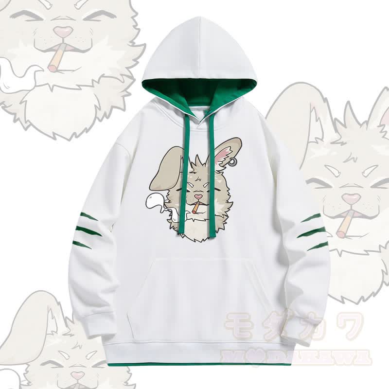 NABI Smoking Bunny Graphic Modakawa Oversized Contrast Lined Pullover Hoodie - Weiß - 4XL - image 1