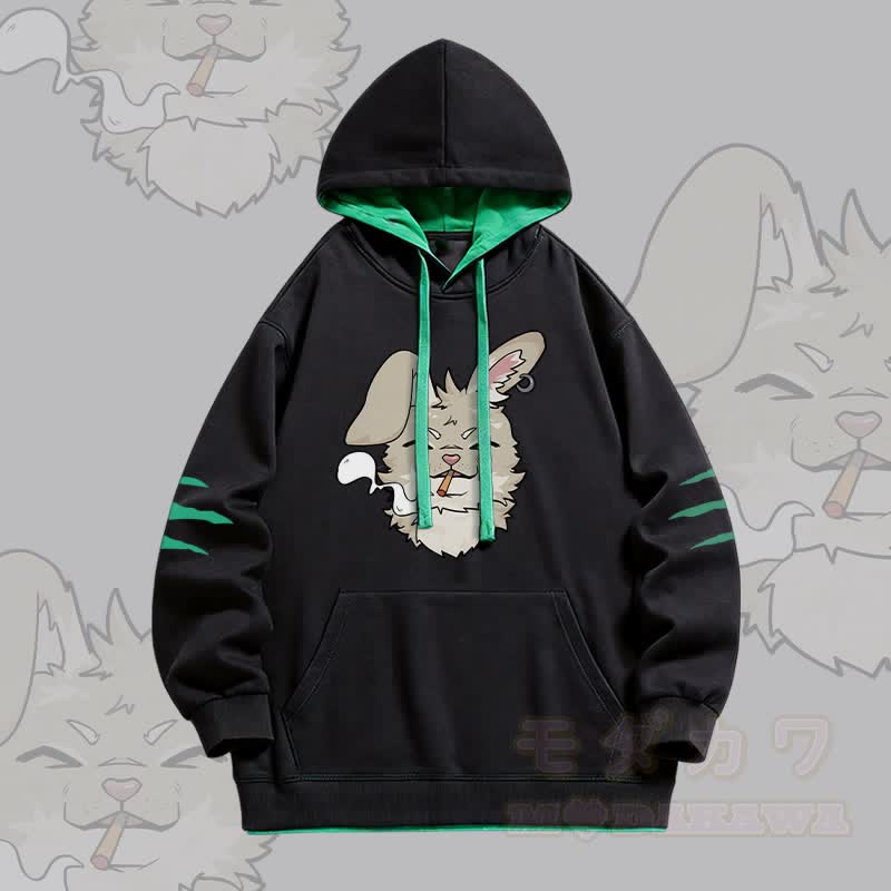 NABI Smoking Bunny Graphic Modakawa Oversized Contrast Lined Pullover Hoodie - Schwarz - 4XL - image 2