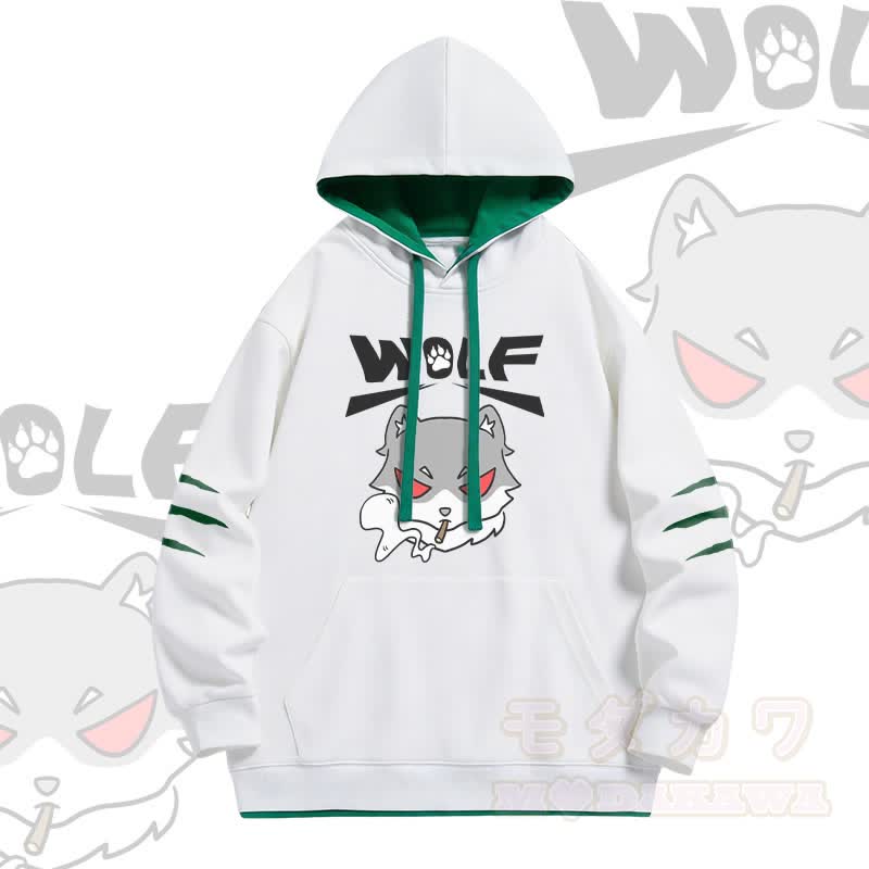 Modakawa Oversized Pullover Hoodie mit Smoky-Wolf-Grafik und Kontrastfutter - Weiß - 4XL - image 2