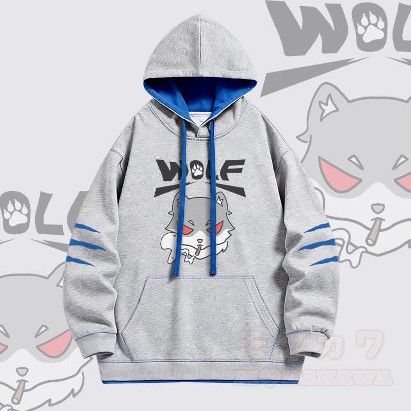 Modakawa Oversized Pullover Hoodie mit Smoky-Wolf-Grafik und Kontrastfutter - Grau - 4XL - image 3