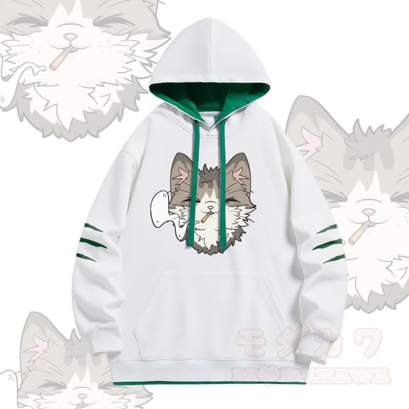 Modakawa Oversized Pullover Hoodie mit rauchender Katze und Kontrastfutter - Weiß - 4XL - image 2