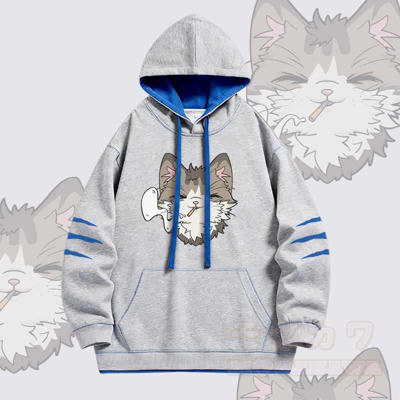 Modakawa Oversized Pullover Hoodie mit rauchender Katze und Kontrastfutter - Grau - 4XL - image 1