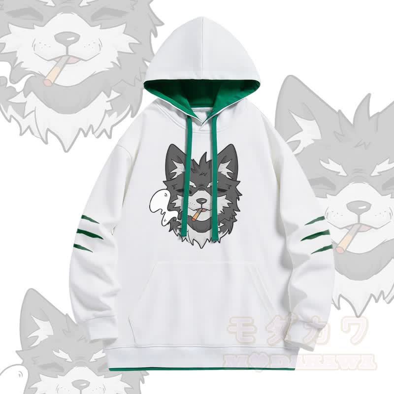 KODA Smoking Puppy Grafik Modakawa Oversized Pullover Hoodie mit Kontrastfutter - Weiß - 4XL - image 2