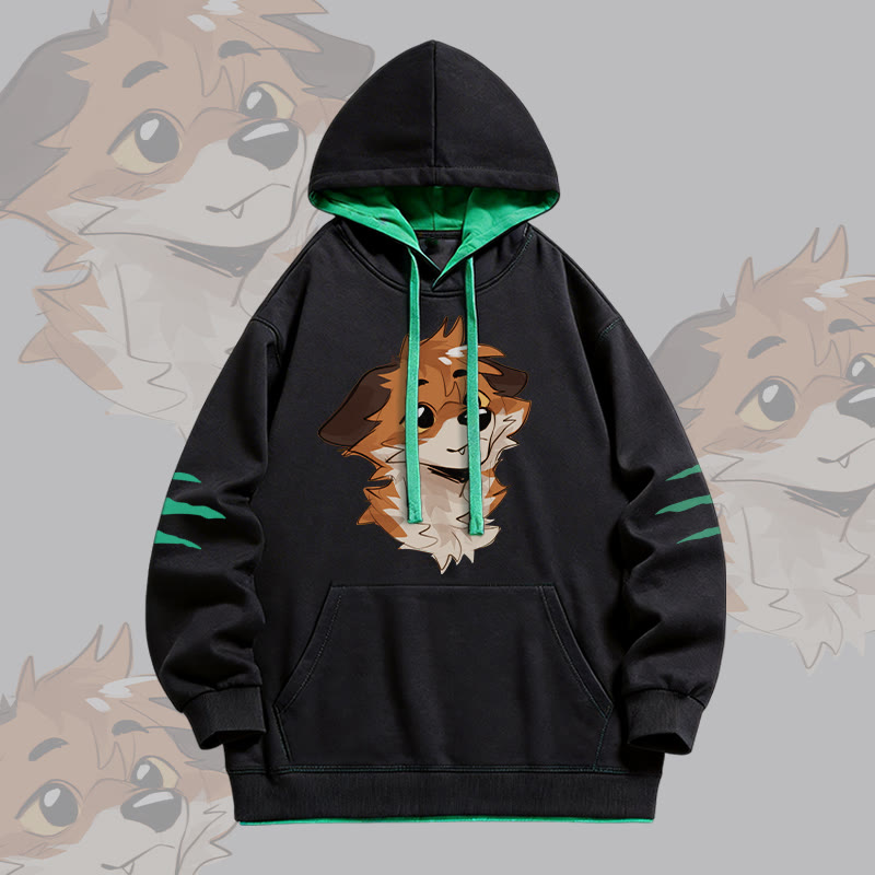 MODAKAWA X atka Anticipating Fox Graphic Oversized Contrast Lining Pullover Hoodie - Black - 4XL - image 1