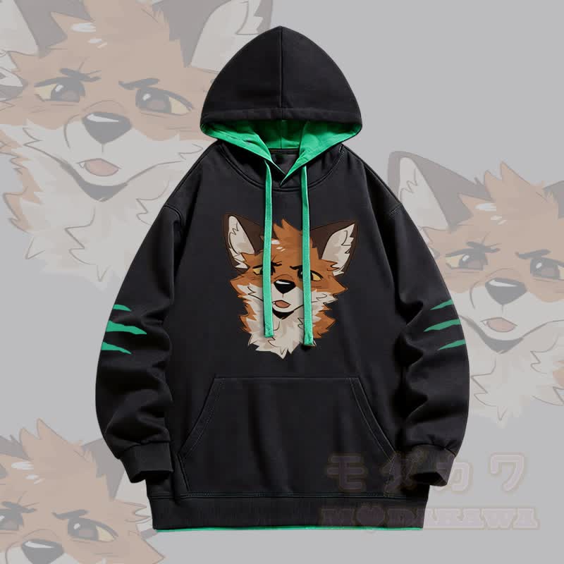 MODAKAWA X atka Squinty Fox Graphic Oversized Contrast Lining Pullover Hoodie - Schwarz - 4XL - image 2