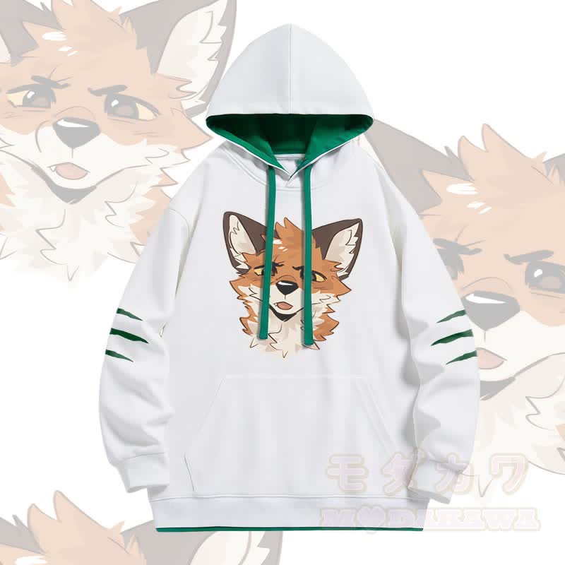 MODAKAWA X atka Squinty Fox Graphic Oversized Contrast Lining Pullover Hoodie - Weiß - 4XL - image 1