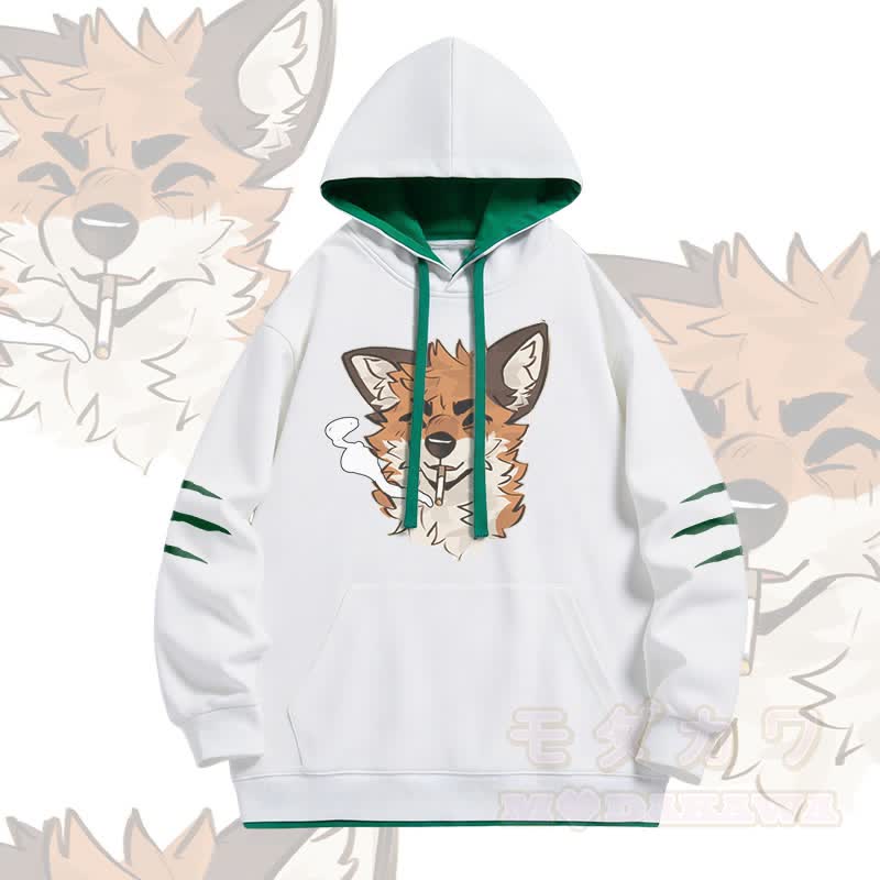 MODAKAWA X atka Fox Smoking Graphic Oversized Contrast Lining Pullover Hoodie - Weiß - 4XL - image 2