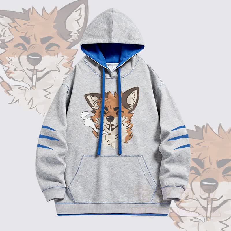 MODAKAWA X atka Fox Smoking Graphic Oversized Contrast Lining Pullover Hoodie - Grau - 4XL - image 3