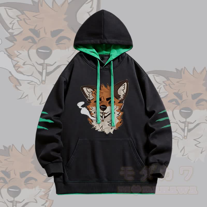 MODAKAWA X atka Fox Smoking Graphic Oversized Contrast Lining Pullover Hoodie - Schwarz - 4XL - image 1