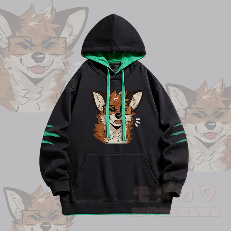 MODAKAWA X atka Fuchs mit Brille Grafik Oversized Pullover Hoodie mit Kontrastfutter - Schwarz - 4XL - image 2