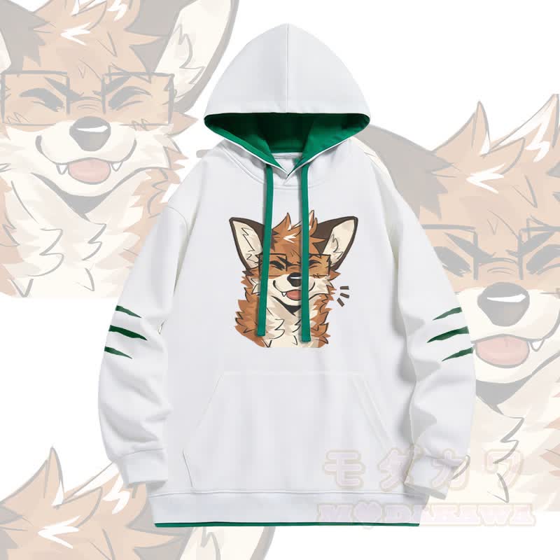 MODAKAWA X atka Fuchs mit Brille Grafik Oversized Pullover Hoodie mit Kontrastfutter - Weiß - 4XL - image 1