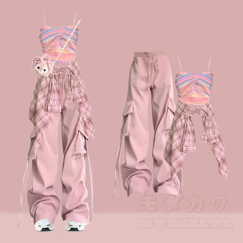 Cami-Top, kariertes Hemd, Cargohose, passendes Outfit - Satz B - XL - image 2