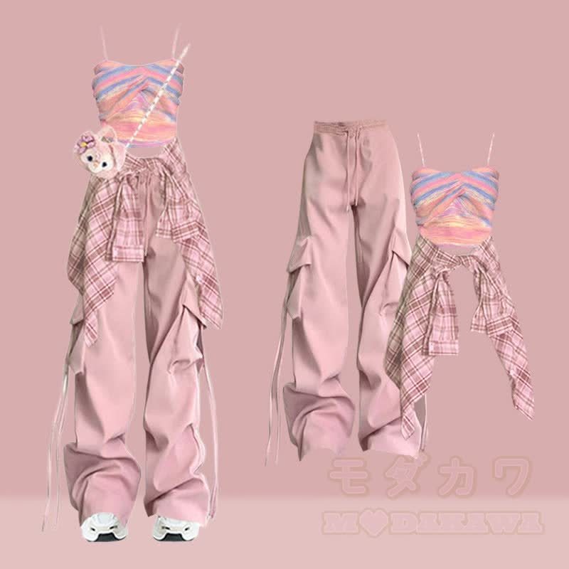 Cami-Top, kariertes Hemd, Cargohose, passendes Outfit - Satz B - XL - image 2