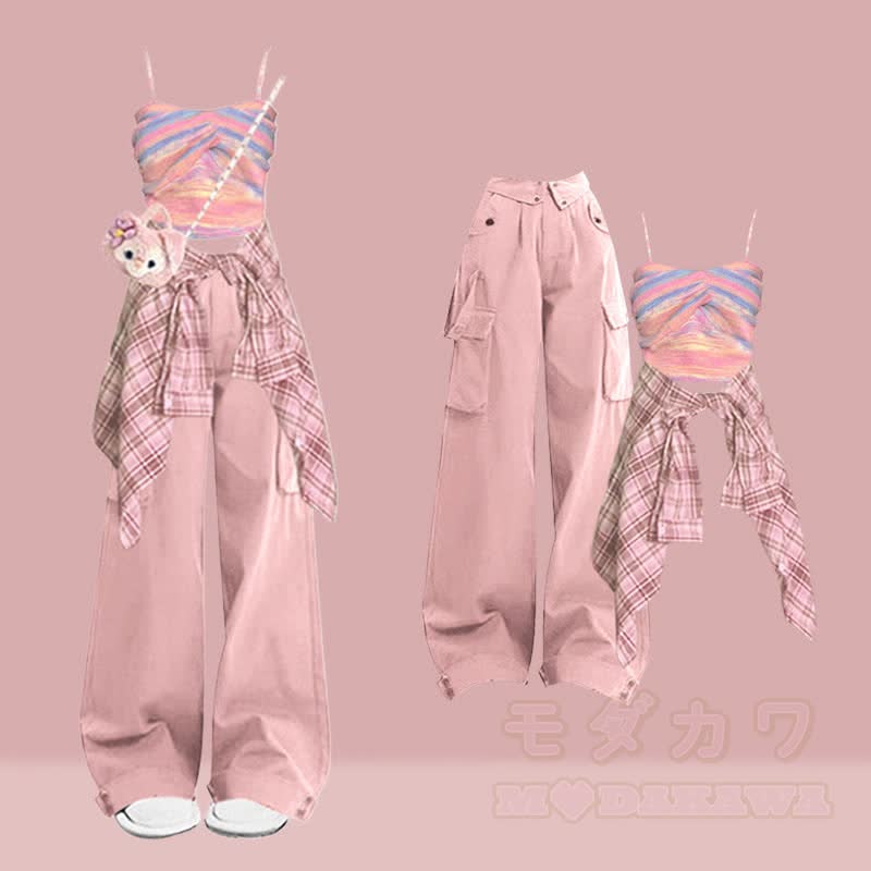 Cami-Top, kariertes Hemd, Cargohose, passendes Outfit - Satz A - XL - image 1