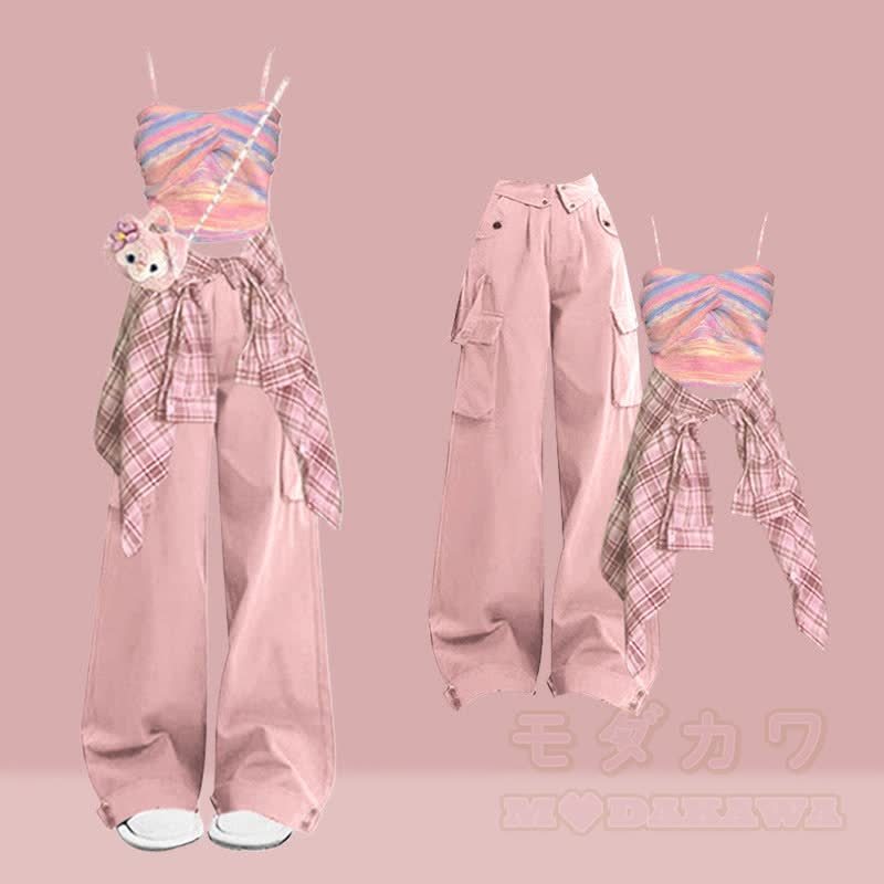 Cami-Top, kariertes Hemd, Cargohose, passendes Outfit - Satz A - XL - image 1