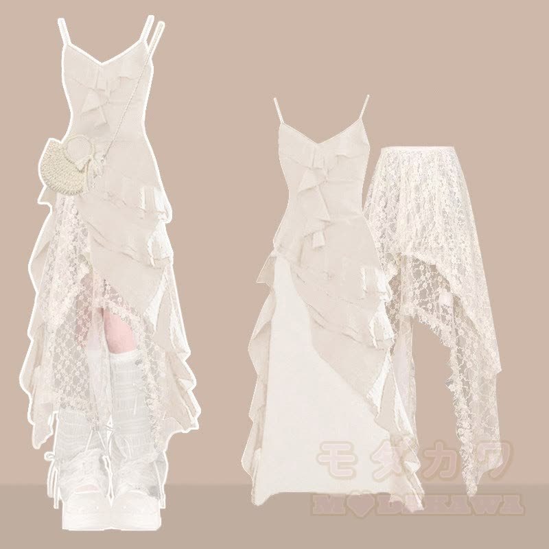 Asymmetrisches Kleid, Spitzenrock, passendes Outfit - Satz B - XL - image 2