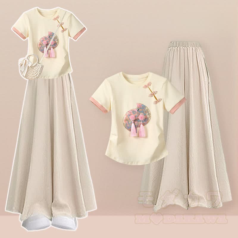 Vintage-Schnallen-T-Shirt, weit geschnittene Hose und Rock, zweiteiliges Set - Satz B - 2XL - image 2