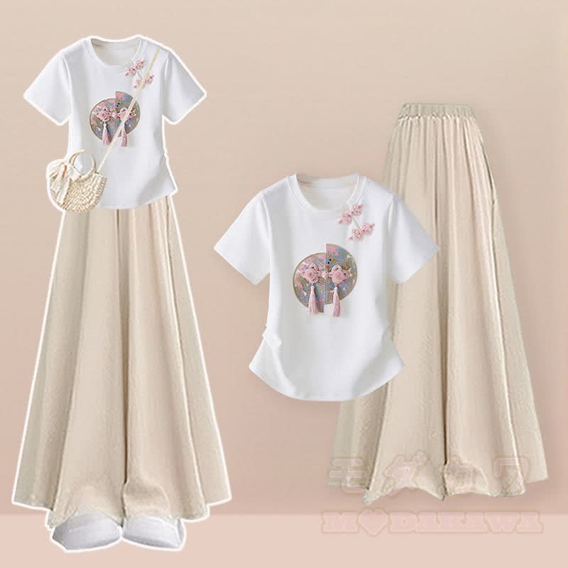 Vintage-Schnallen-T-Shirt, weit geschnittene Hose und Rock, zweiteiliges Set - Satz A - 2XL - image 1