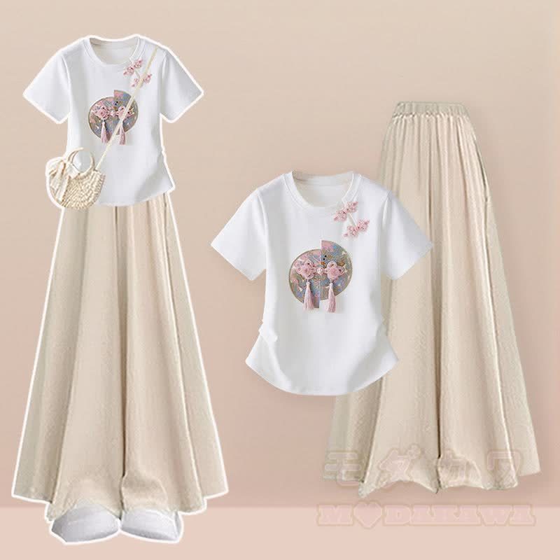 Vintage-Schnallen-T-Shirt, weit geschnittene Hose und Rock, zweiteiliges Set - Satz A - 2XL - image 1