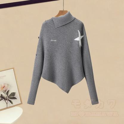 Unregelmäßiger Strickpullover, grauer Rock, passendes Outfit - Pullover (Einzeln) - XL - image 2