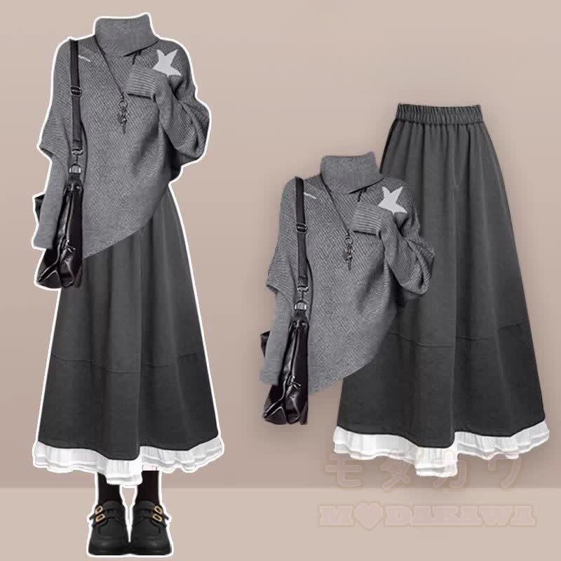 Unregelmäßiger Strickpullover, grauer Rock, passendes Outfit - Satz - XL - image 1