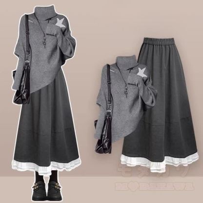 Unregelmäßiger Strickpullover, grauer Rock, passendes Outfit - Satz - XL - image 1