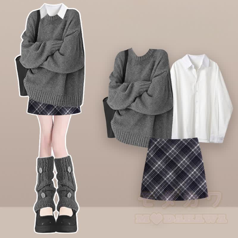 Strickpullover, weißes Hemd, karierter Rock, passendes Outfit - Satz - XL - image 1