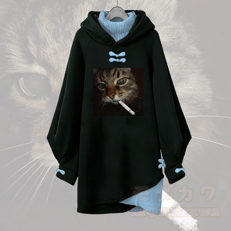 Smoking Cat Graphic Modakawa Buckle Vintage Kapuzenpullover Kleid - Blau - 3XL - image 2