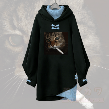 Smoking Cat Graphic Modakawa Buckle Vintage Kapuzenpullover Kleid - Blau - 3XL - image 2